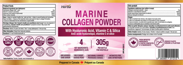 Marine Collagen Powder with Hyaluronic Acid, Silica, and Vitamin C – 305g | Made in Canada