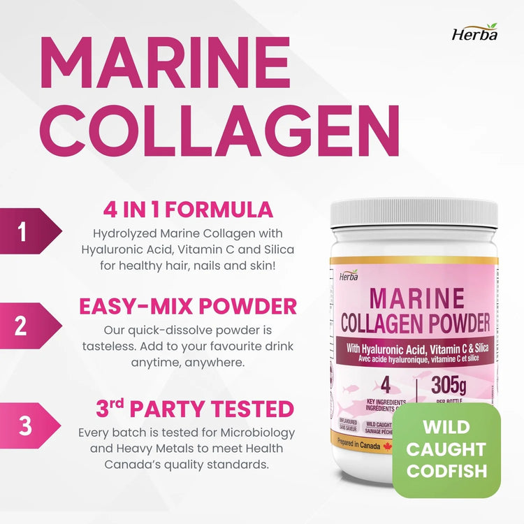 Marine Collagen Powder with Hyaluronic Acid, Silica, and Vitamin C – 305g | Made in Canada