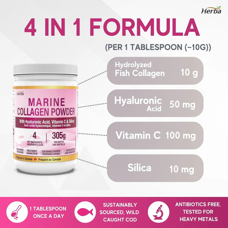 Marine Collagen Powder with Hyaluronic Acid, Silica, and Vitamin C – 305g | Made in Canada