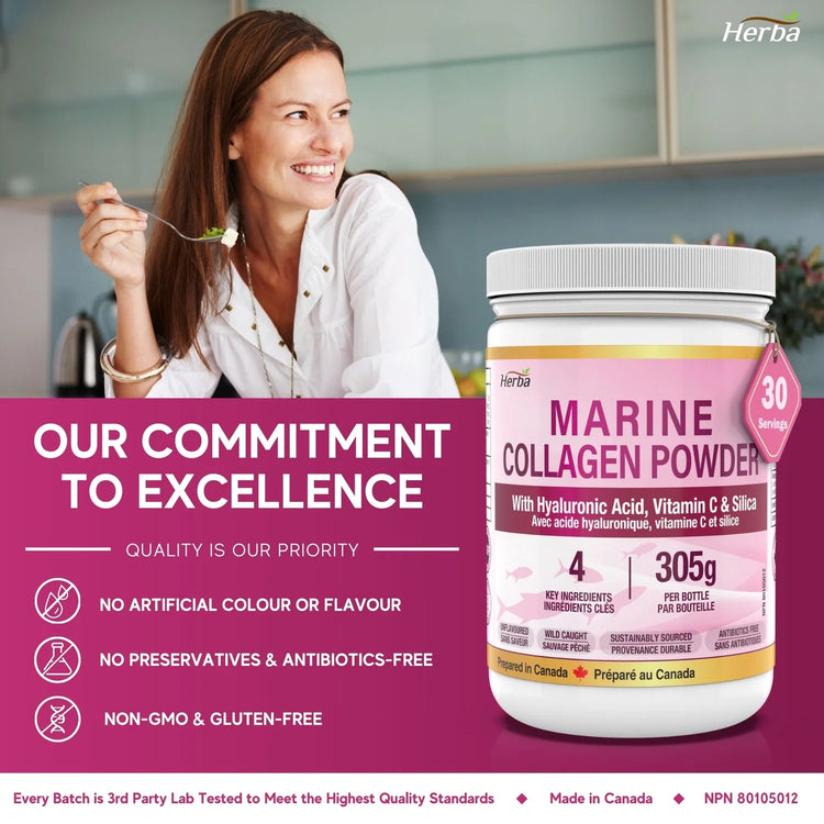 Marine Collagen Powder with Hyaluronic Acid, Silica, and Vitamin C – 305g | Made in Canada