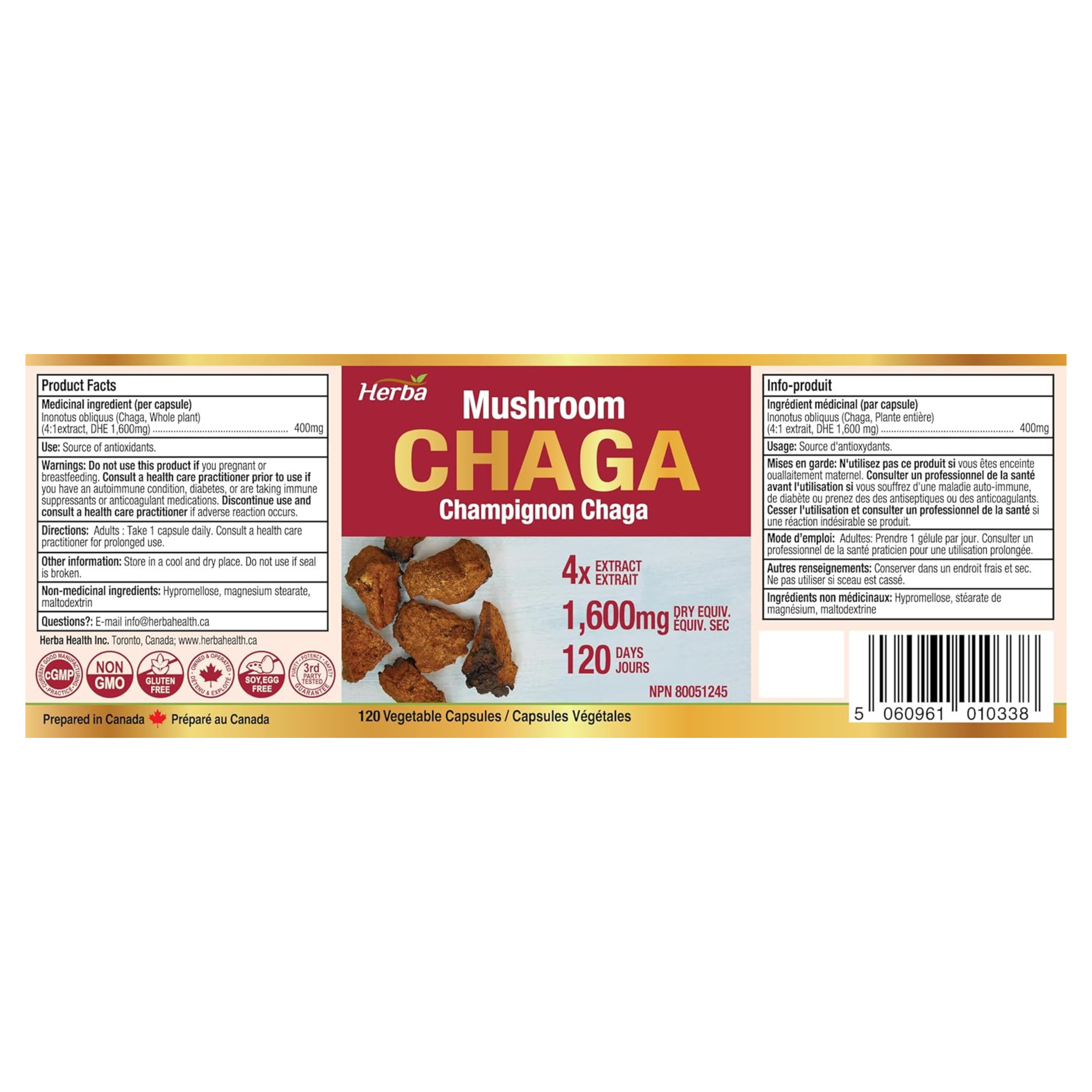Herba Chaga Mushroom Capsules - 120 Capsules | 1,600mg - 4:1 Concentration | 400mg Equivalent to 1,600mg Chaga Mushroom Powder | 100% Natural Wild Harvested Chaga Capsules | Source of Antioxidants