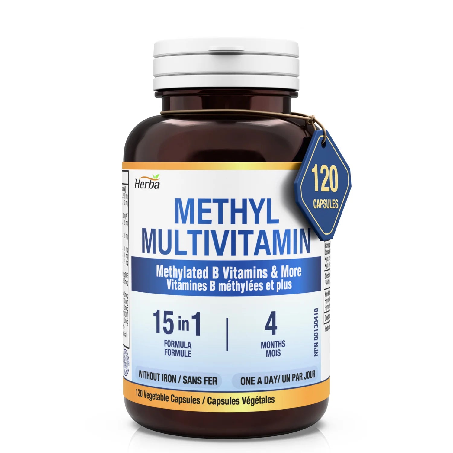 Methylated Multivitamin with TMG & Full Methylated B Complex - 120 Capsules | 15 in 1 Formula | Made in Canada