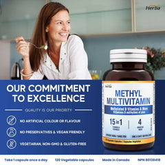 Methylated Multivitamin with TMG & Full Methylated B Complex - 120 Capsules | 15 in 1 Formula | Made in Canada