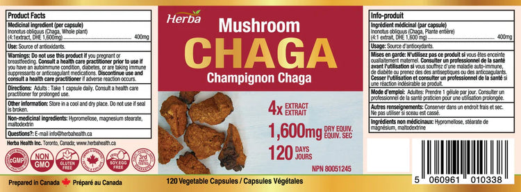 Chaga Mushroom Capsules 400mg - 120 Vegetable Capsules | 4:1 High Concentrate