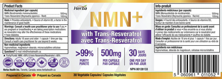 NMN Supplement + Resveratrol - 600mg | Made in Canada | 30 Vegetable Capsules