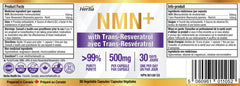 NMN 보충제 + 레스베라트롤 - 600mg | 캐나다에서 제작됨 | 30 식물성 캡슐