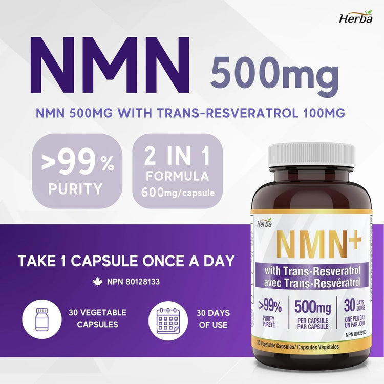 NMN Supplement + Resveratrol - 600mg | Made in Canada | 30 Vegetable Capsules