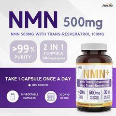 NMN 보충제 + 레스베라트롤 - 600mg | 캐나다에서 제작됨 | 30 식물성 캡슐