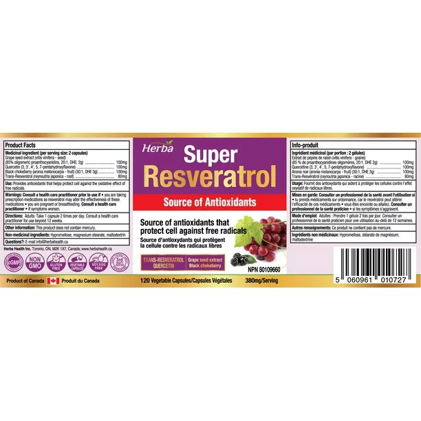 Herba Resveratrol Supplement - 120 Capsules | Trans-Resveratrol with Echinacea, Quercetin, Grape Seed Extract, and Aronia | Powerful Antioxidant Supplement